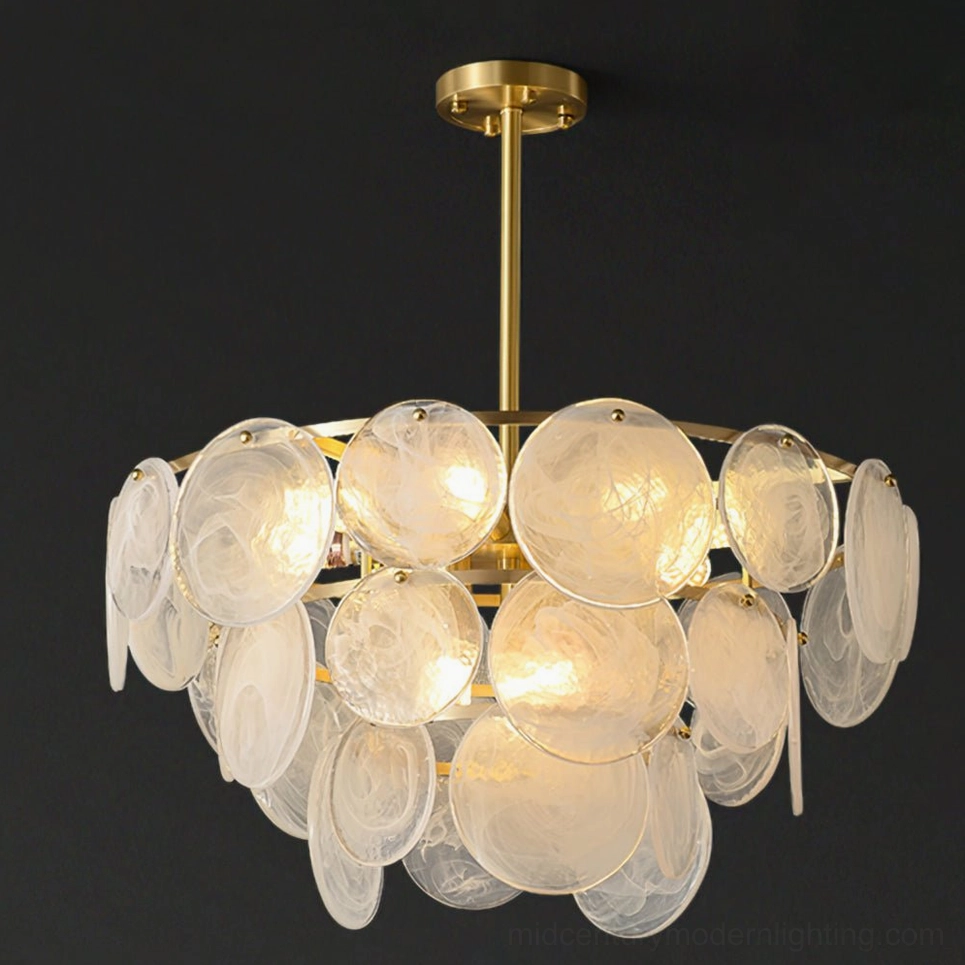 Loire Brass Chandelier small compact model - nine bulb frosted glass cloud pendant for dining rooms and bedrooms