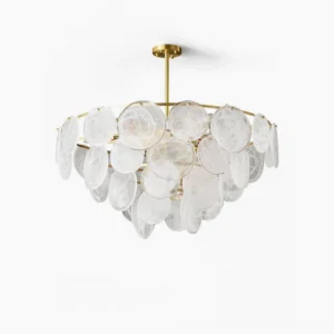 Loire Brass Chandelier with frosted glass cloud shades - mid-century modern ceiling pendant light fixture with brushed brass frame