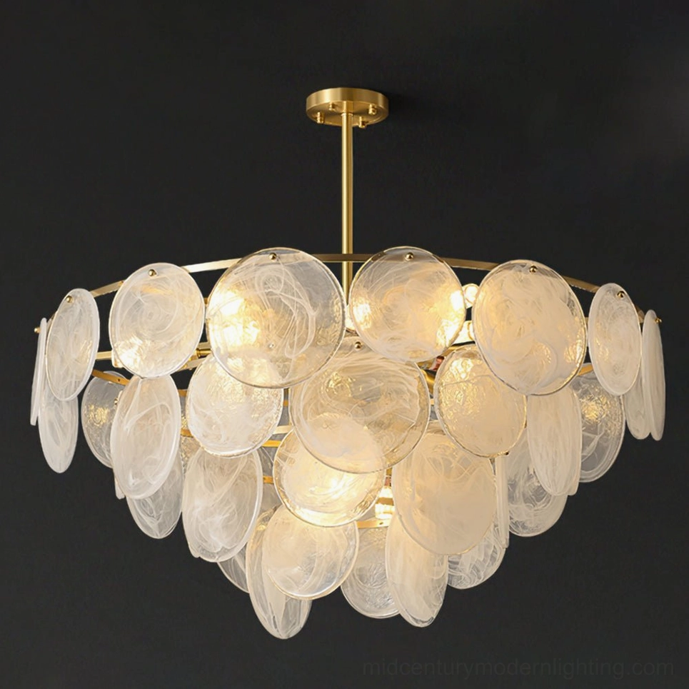 Loire Chandelier grand large size model - fifteen bulb brushed brass chandelier with frosted glass shades