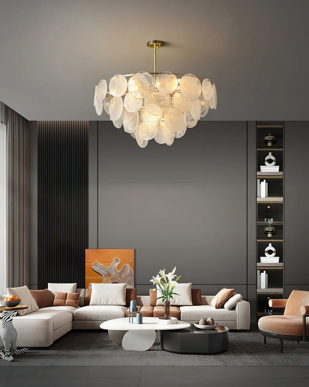 Loire Brass Chandelier with nine frosted glass shades in studio lighting - compact size modern ceiling pendant