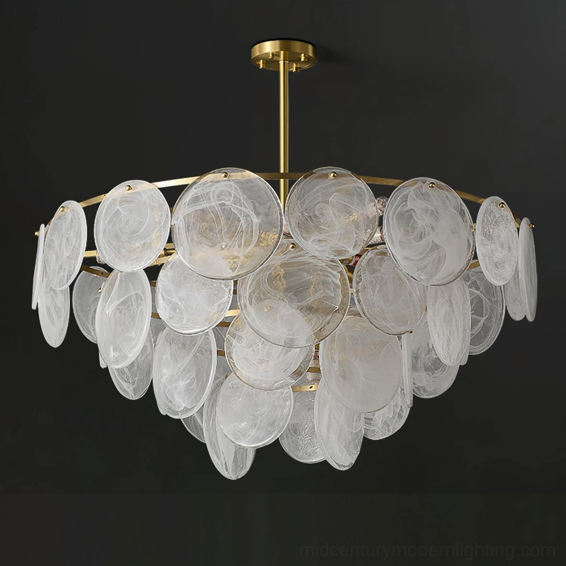 Loire Brass Chandelier suspended from ceiling showing suspension rod and multiple frosted glass cloud shades