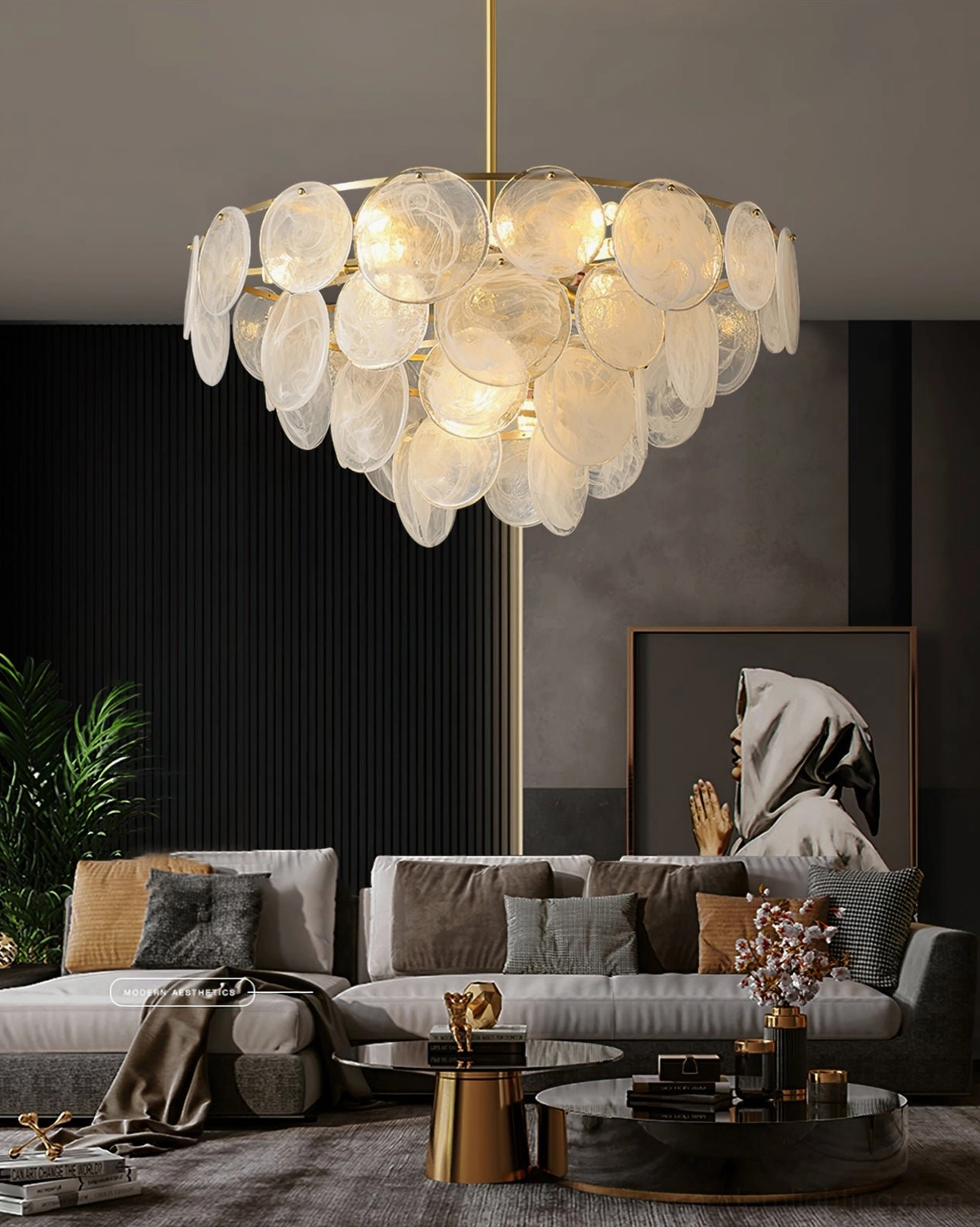 Loire mid-century modern brass chandelier - multi-pendant frosted glass cloud light fixture for dining and living spaces
