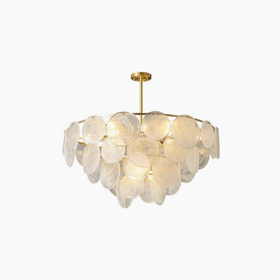 Loire Mid-Century Modern Chandelier detail of frosted opaque glass and brushed brass finish construction