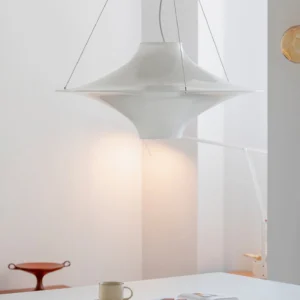 Close-up side profile of Lokki seagull-inspired pendant light with matte white finish