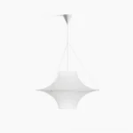 Lokki white pendant lamp front view with tapered conical acrylic shade and metal suspension