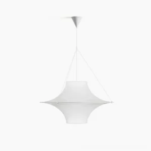 Lokki white pendant lamp front view with tapered conical acrylic shade and metal suspension
