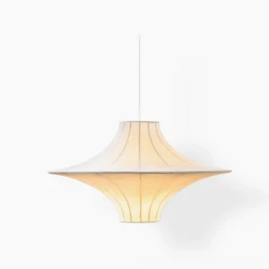 Lokki white silk pendant lamp front view with vertical ribbed texture and chrome hardware, mid-century modern ceiling fixture