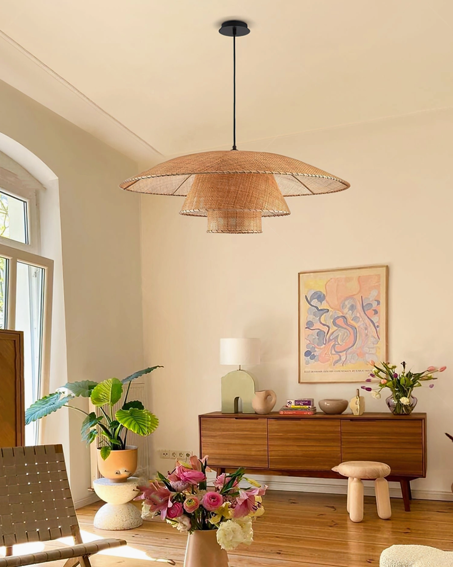Light brown rattan pendant lamp creating cozy home decor ambiance in warm residential living room