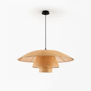 Lola rattan pendant lamp front view with two-tier bohemian woven design on white studio background