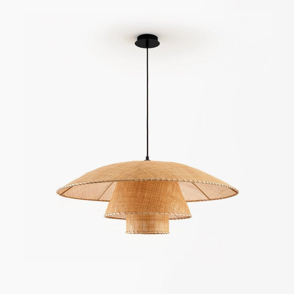 Lola rattan pendant lamp front view with two-tier bohemian woven design on white studio background