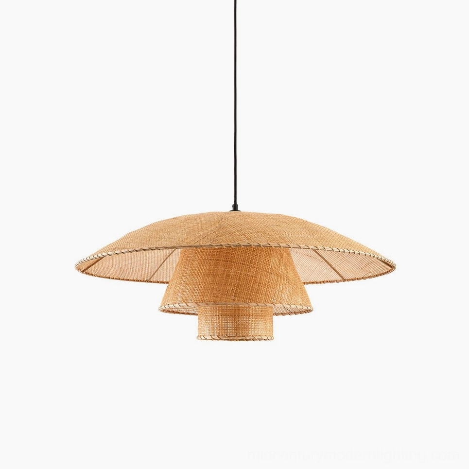 Rattan pendant lamp installation showing ceiling mount and suspension wire for interior design