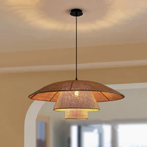 Overhead view of layered rattan pendant lamp with dark brown natural finish in warm residential interior
