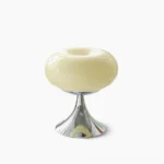 Lollipop modern table lamp with white borosilicate glass disc and chrome metal base on clean white background