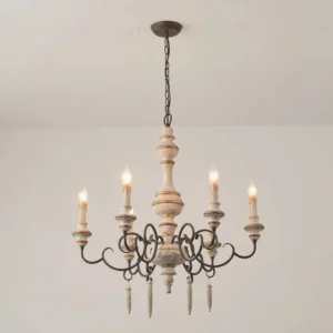 Lomba chandelier illuminated in minimalist interior room showing warm candlelight ambiance from six light sources