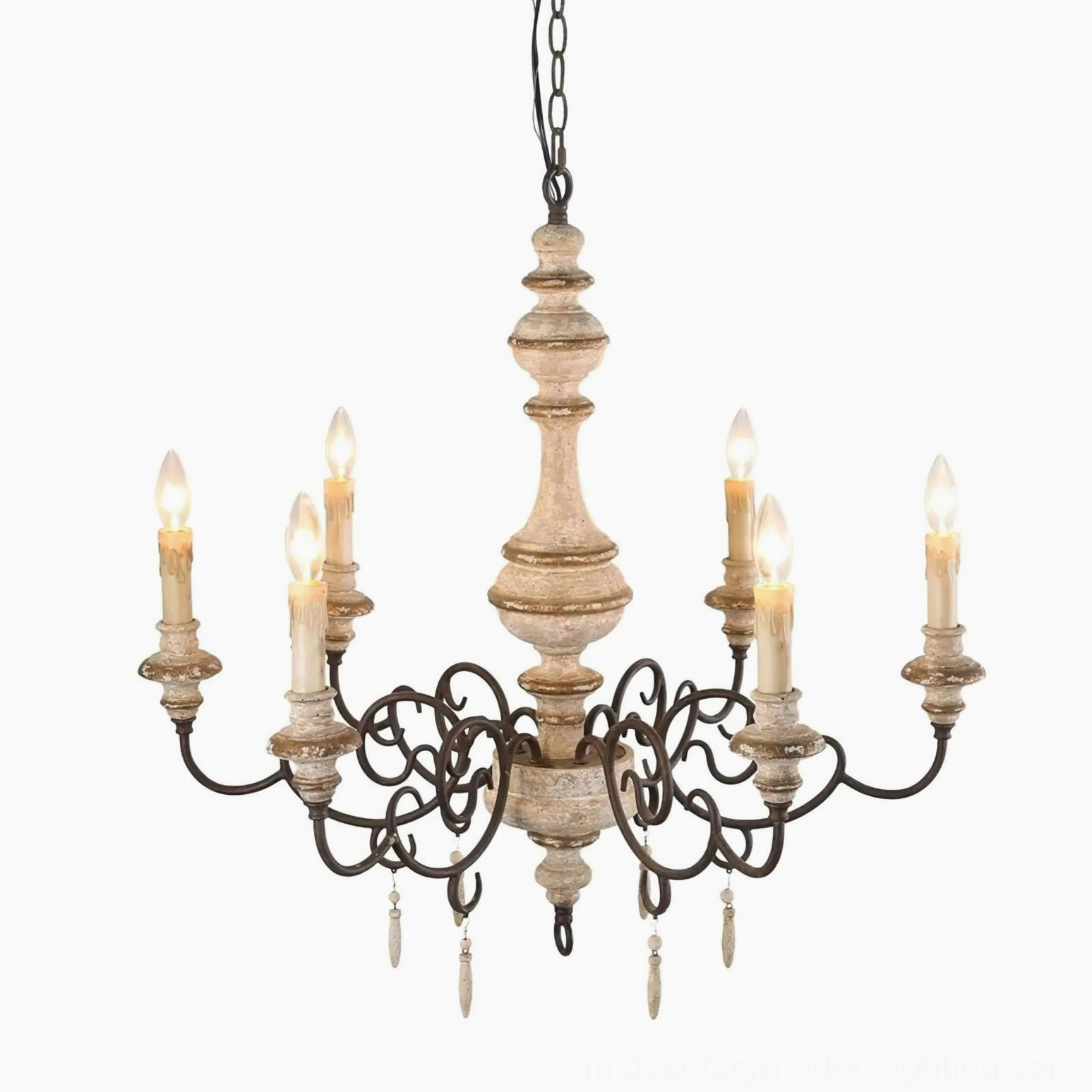Lomba vintage chandelier full hanging view with unlit candle-style bulbs emphasizing ornate iron scrollwork design