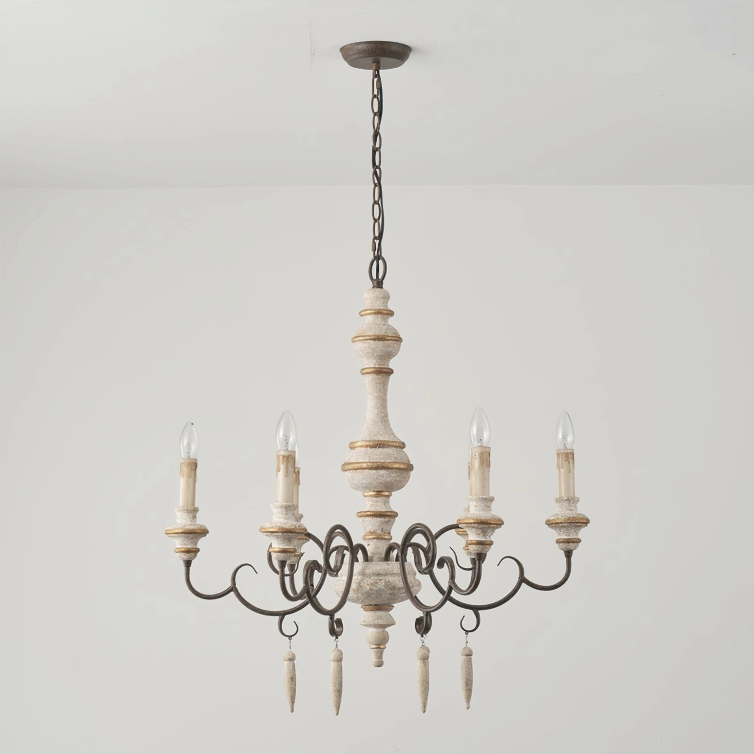 Unlit Lomba vintage chandelier full front view on white background displaying complete silhouette and candle bulb sockets