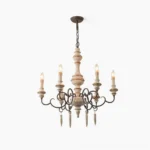 Lomba 6-light vintage chandelier front view with distressed wrought iron scrollwork and weathered wood center post