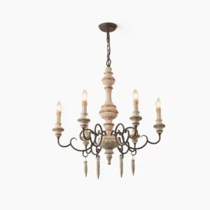 Lomba 6-light vintage chandelier front view with distressed wrought iron scrollwork and weathered wood center post