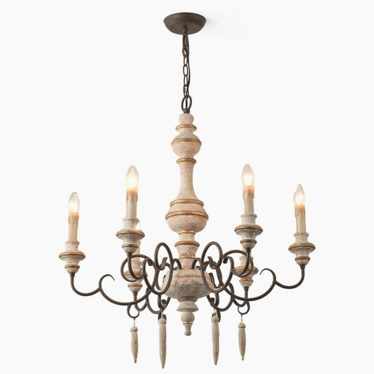 Lomba 6-light vintage chandelier full front hanging view retro white distressed finish wrought iron construction