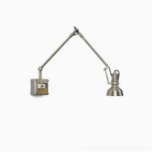 Long-arm articulating wall sconce with brushed chrome finish, front view on white background showing full extended arm length