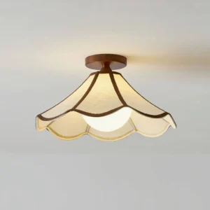 Front close-up of Lonzo fabric ceiling lamp showing detailed scalloped edges and dark brown trim detail