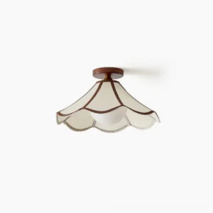 Lonzo scalloped ceiling light with beige linen shade and walnut wood base, overhead studio view