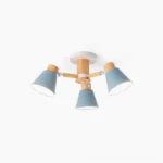 Loona 4-head nordic ceiling lamp overhead studio view with matte blue shades and natural wood frame on white background