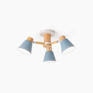Loona 4-head nordic ceiling lamp overhead studio view with matte blue shades and natural wood frame on white background