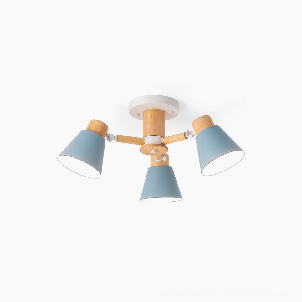 Loona 4-head nordic ceiling lamp overhead studio view with matte blue shades and natural wood frame on white background