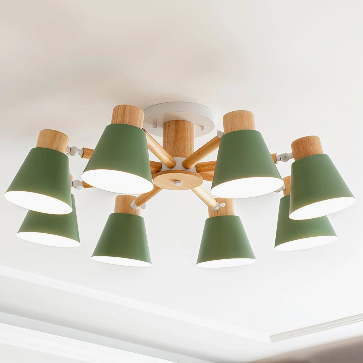 Full view of 6-head Loona ceiling lamp with matte blue shades and wood frame in residential interior