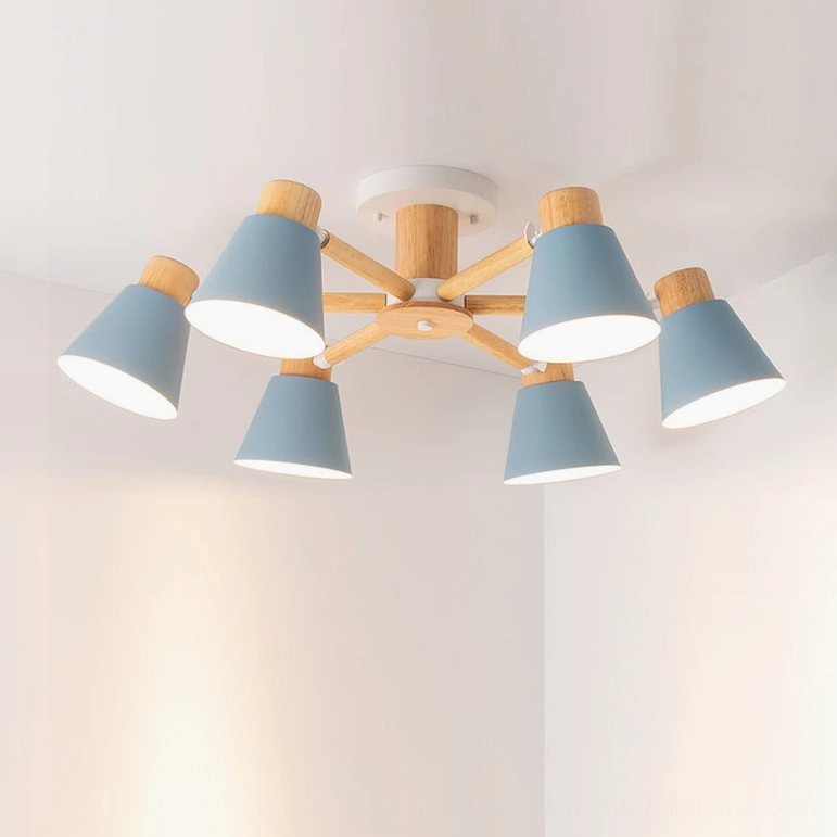 6-head Loona ceiling lamp installed in modern bedroom with blue matte shades and light wood arms creating ambient lighting