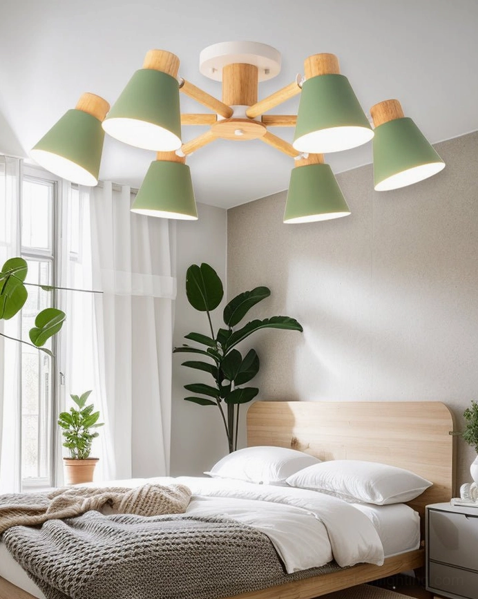 6-head Loona ceiling lamp in sage green with natural wood in cozy nordic bedroom with green plants and warm lighting