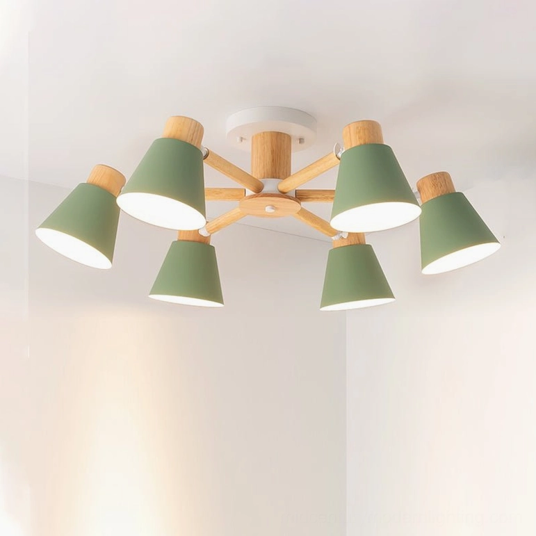 6-head Loona ceiling lamp in sage green with natural wood bracket overhead interior shot of bedroom