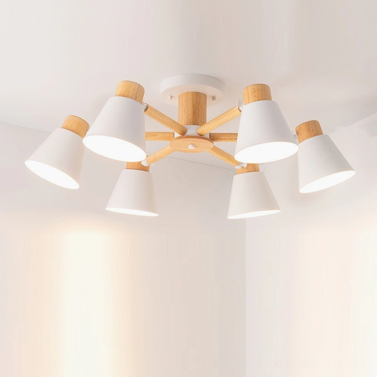 6-head Loona ceiling lamp with pure white shades and light wood arms in modern scandinavian interior
