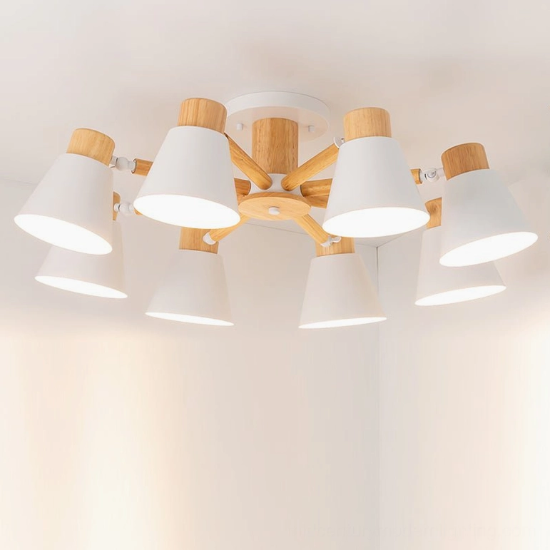 8-head Loona ceiling lamp with white matte shades and natural wood in large open-concept living space