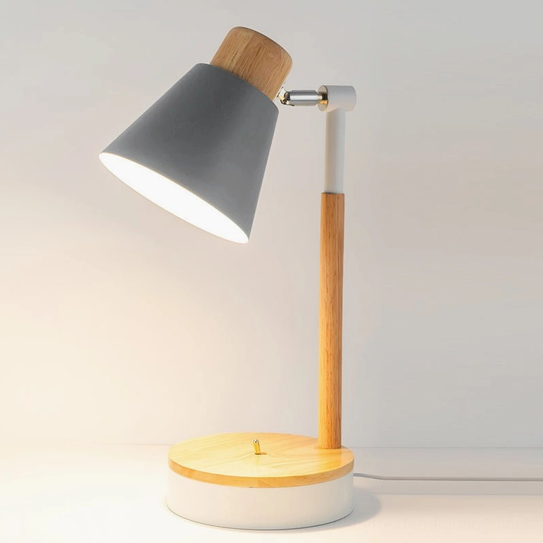 Grey Loona minimalist table lamp with natural wooden pole and metal shade - Nordic design home office setup
