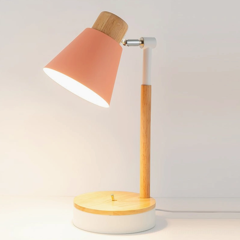 Soft pink Loona modern table lamp with wood base on contemporary desk - pastel finish option