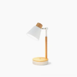 Loona minimalist table lamp with white shade and natural wooden base on white background - front three-quarter view
