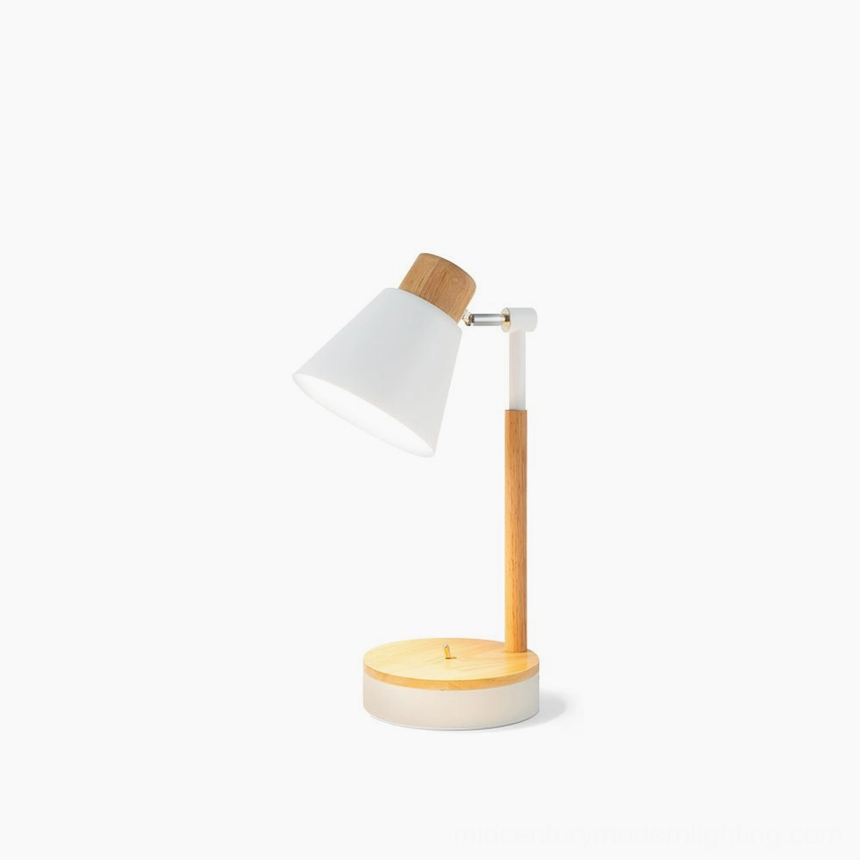 Loona minimalist table lamp with white shade and natural wooden base on white background - front three-quarter view
