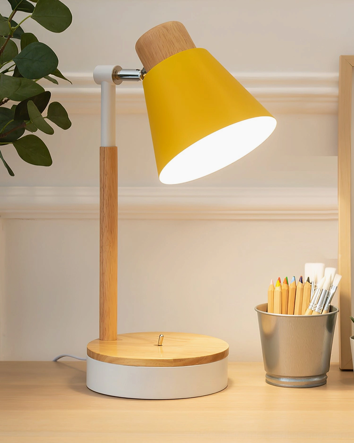 Yellow matte finish Loona Nordic lamp with wooden base and metal accents - home office styling
