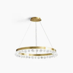 Loop Crystal Chandelier minimalist modern brass pendant light with cubic clear crystal pendants front view