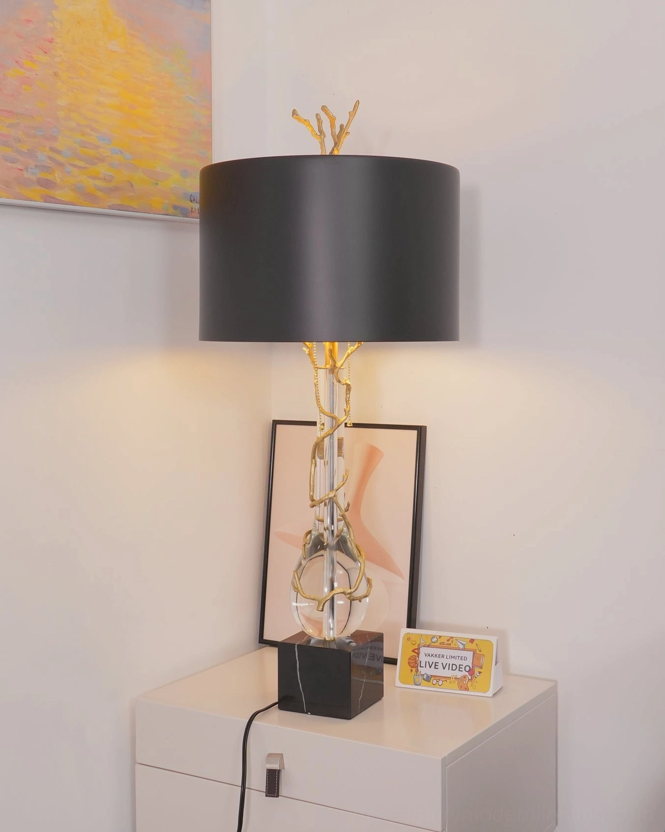 Lora table lamp right front angle on bedside table in luxury bedroom interior styling with coordinated décor