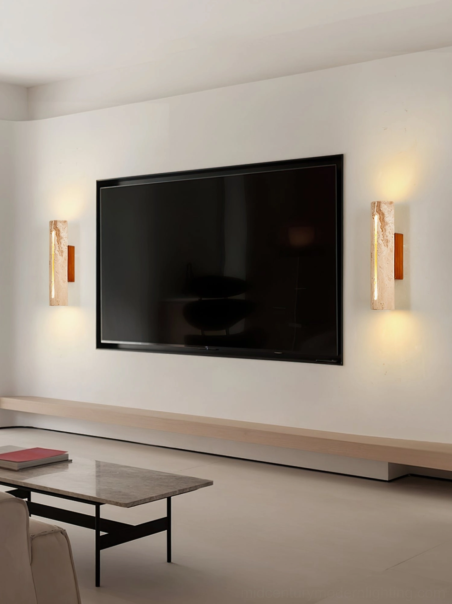 Lorelei travertine wall sconce architectural lighting installation showing mid-century modern design principles