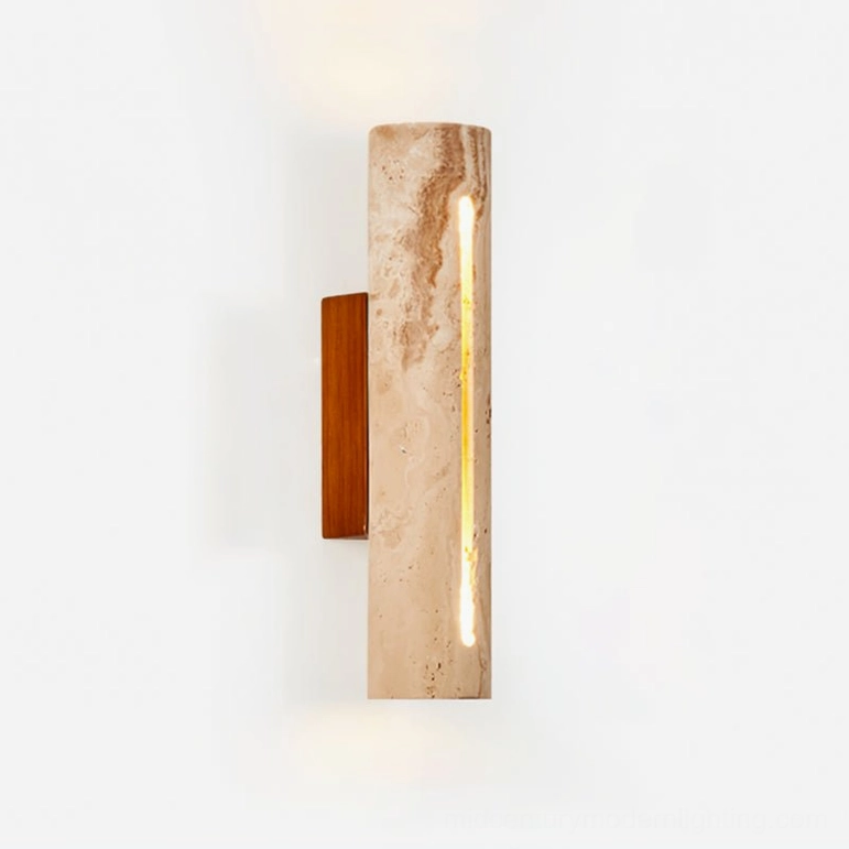 Lorelei travertine wall sconce medium size variant (L 3.1 x W 3.9 x H 11 inches) in beige and walnut finish