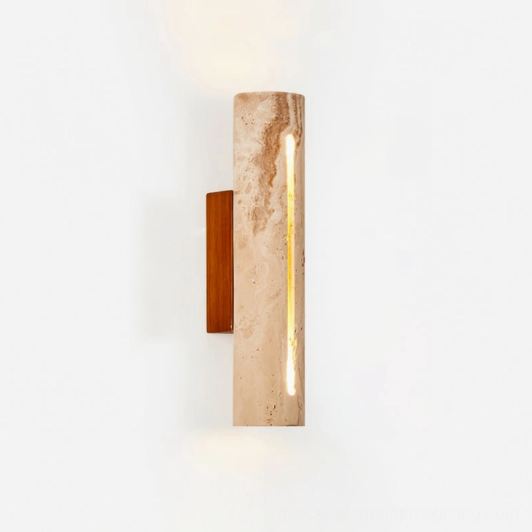 Lorelei travertine wall sconce small size variant (L 2.4 x W 3.7 x H 11 inches) in beige and walnut color option