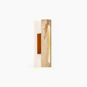 Lorelei travertine wall sconce with integrated LED light strip on white background, showing cylindrical stone shade and walnut wooden backplate