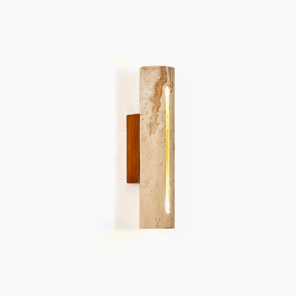 Lorelei travertine wall sconce with integrated LED light strip on white background, showing cylindrical stone shade and walnut wooden backplate