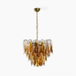 Lorena Murano glass chandelier with tiered amber and clear glass petals, front view studio shot showing hand-blown craftsmanship and brass metal frame