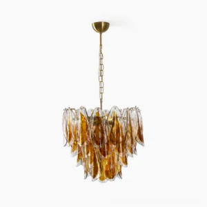 Lorena Murano glass chandelier with tiered amber and clear glass petals, front view studio shot showing hand-blown craftsmanship and brass metal frame