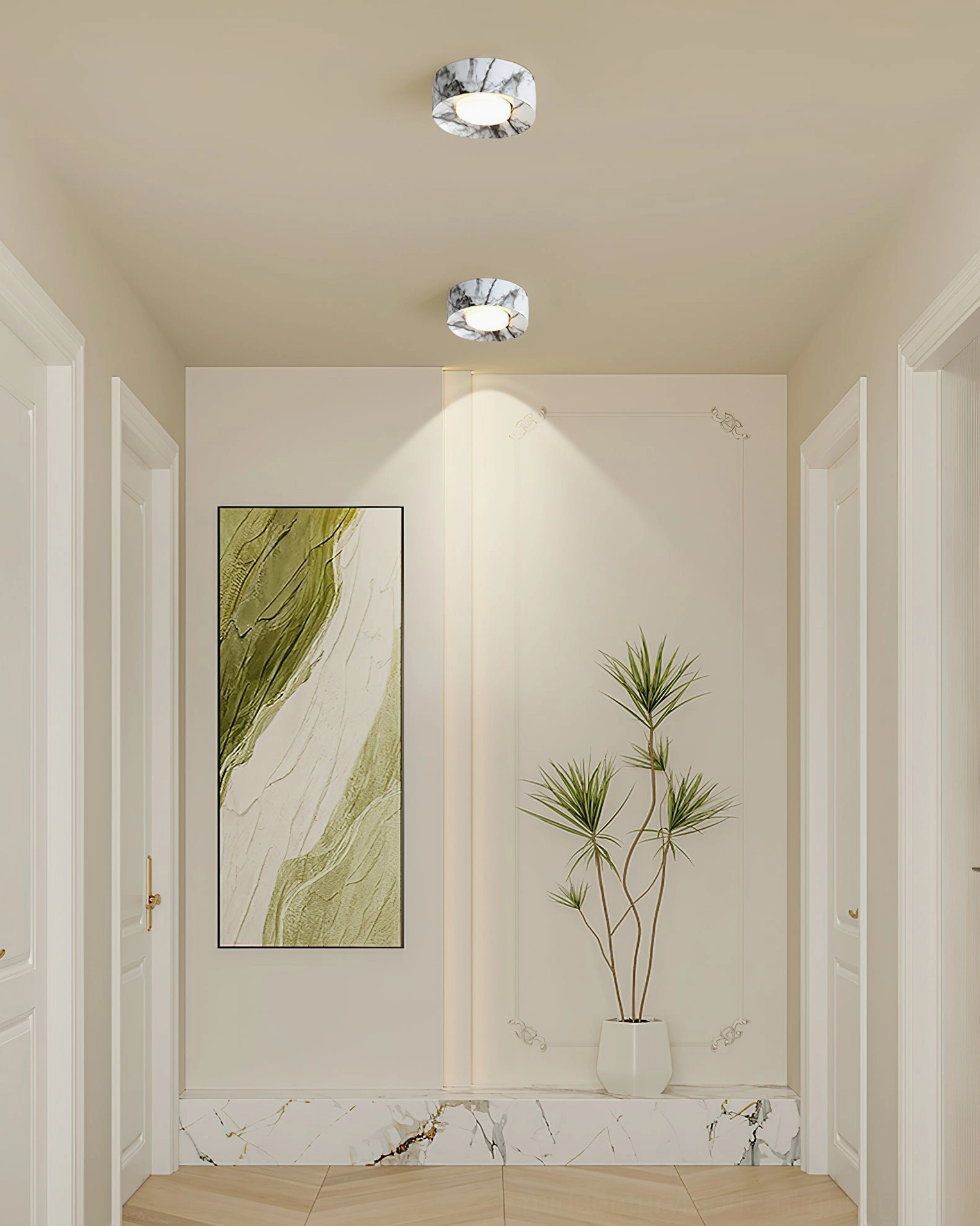 Loris marble resin ceiling light close-up veined surface walnut finish